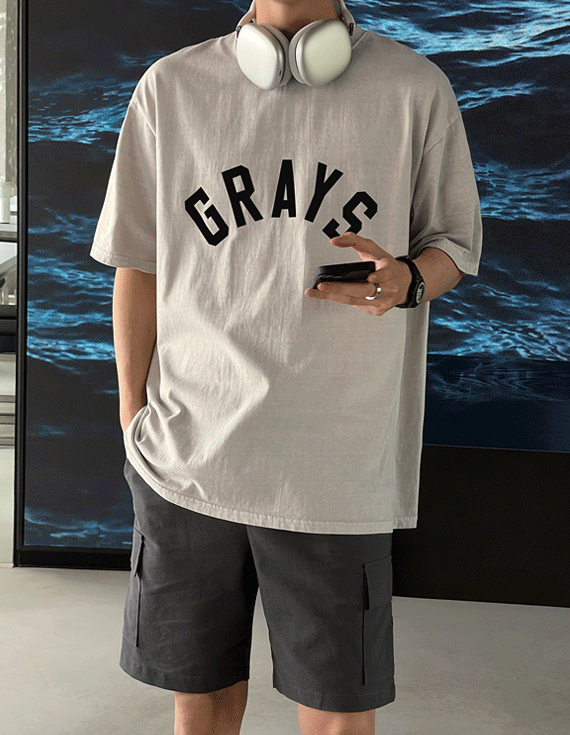 Tall gray loose fit pigment short sleeved T-shirt<br> <font style=font-size:11px;color:#595959>F size(95-110)<*font><br></font>