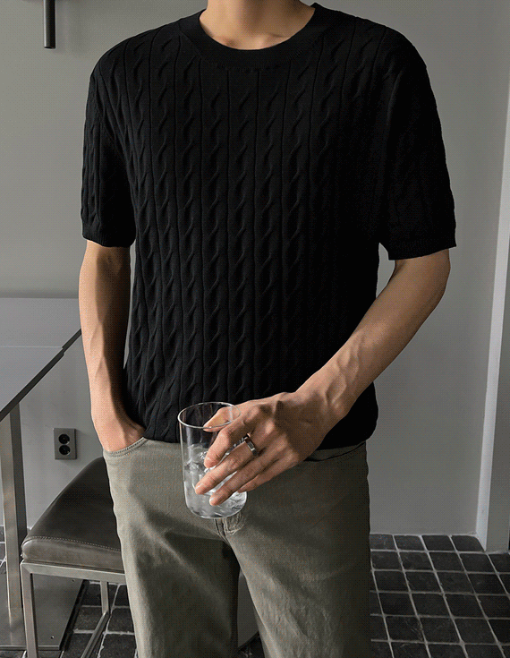 Linsander Cable Round Short Sleeve Knit<br> <font style=font-size:11px;color:#595959>L~XL(95 to 105)<*font><br></font>