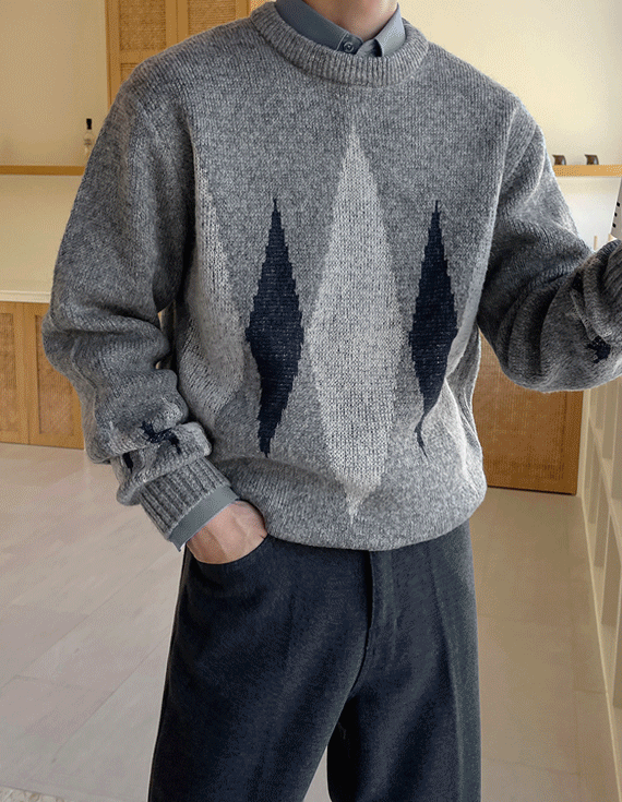 Jacquard Wool Argyle Over fit Knit<br> <font style=font-size:11px;color:#595959>M~L(95 to 105)<*font><br></font>