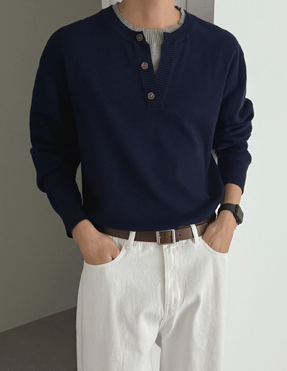 Fake Henley Neck Layered Round Knit 30003