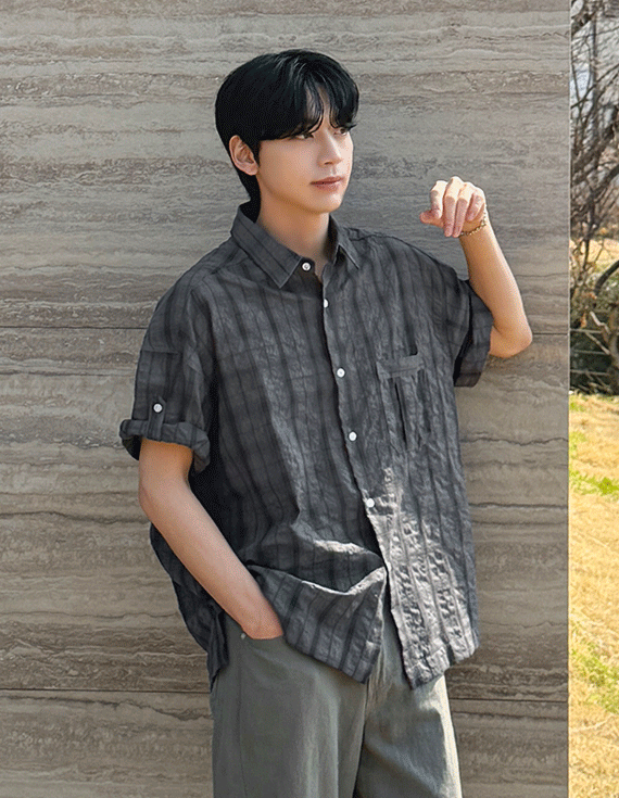 over fit roll up check Short-sleeve Shirt 30198