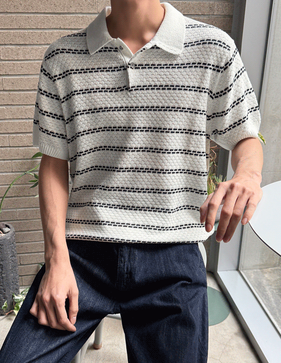 hive pattern stripe collar Short-sleeve Knit 30261