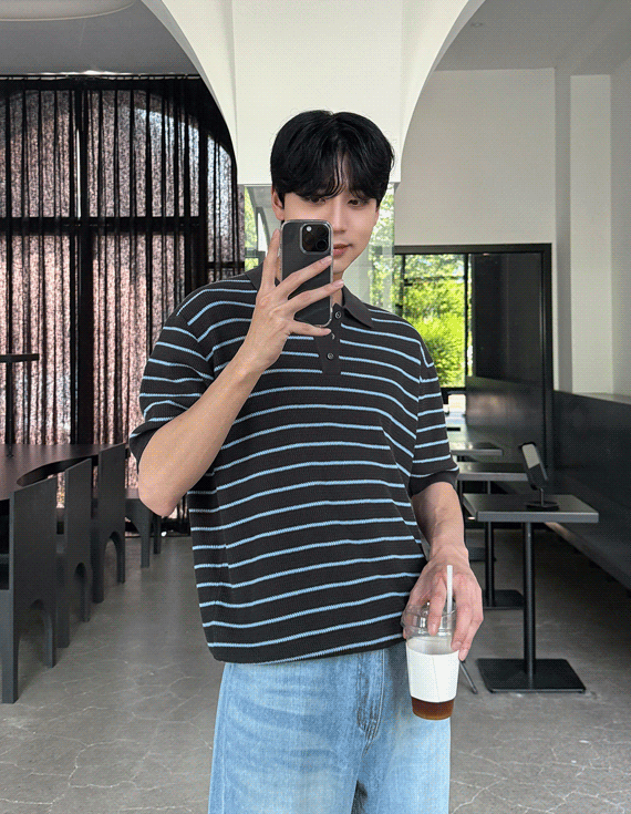 3-button stripe collar Short-sleeve Knit 30300