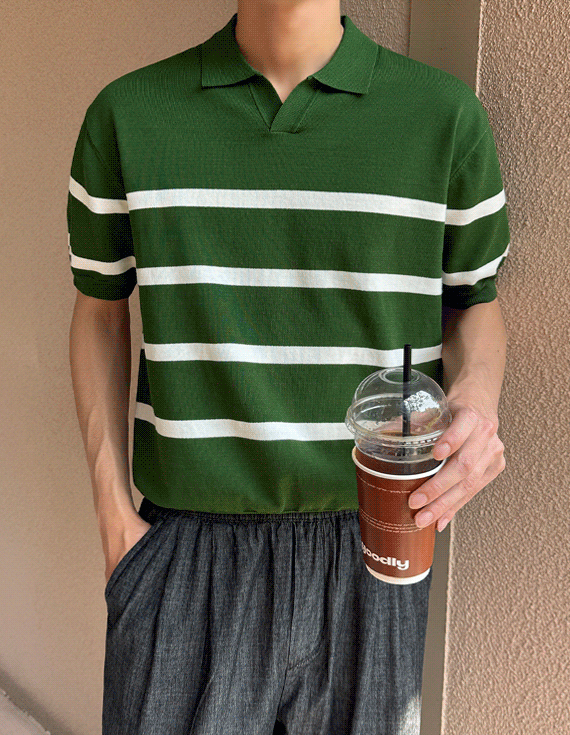 stripe & basic open collar Short-sleeve Knit 30325