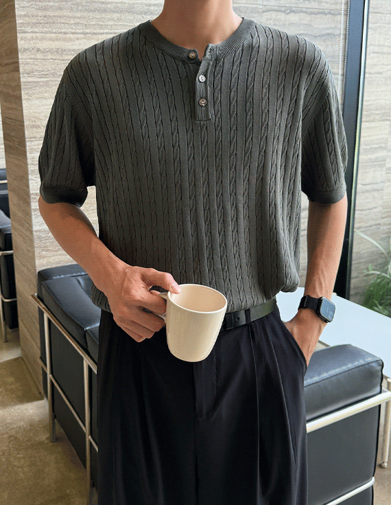 ice cable henley neck Short-sleeve Knit 30411