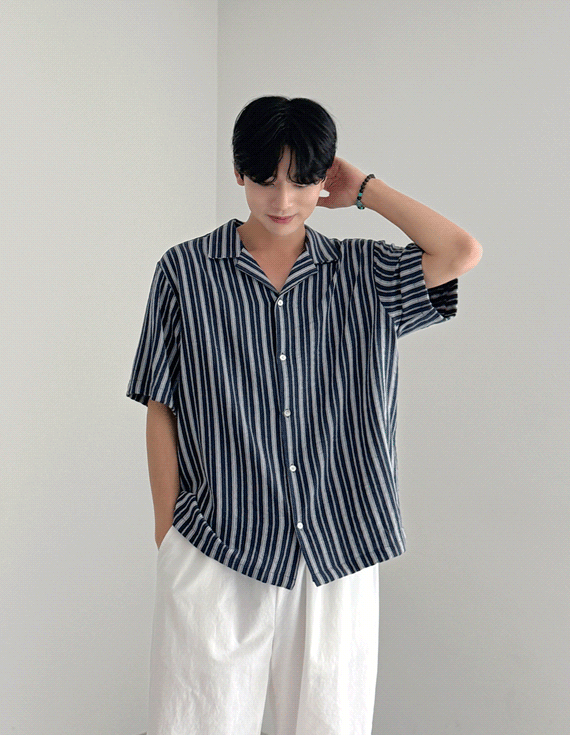 panama stripe open collar Short-sleeve Shirt 30440