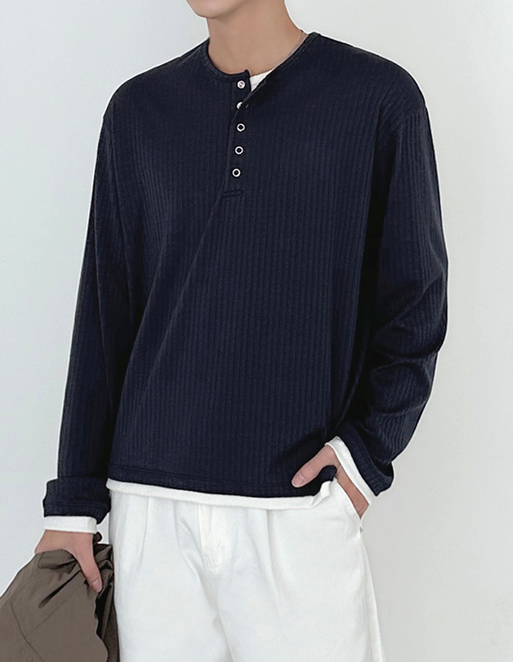 rib sleeve henley neck Long Sleeve 31119