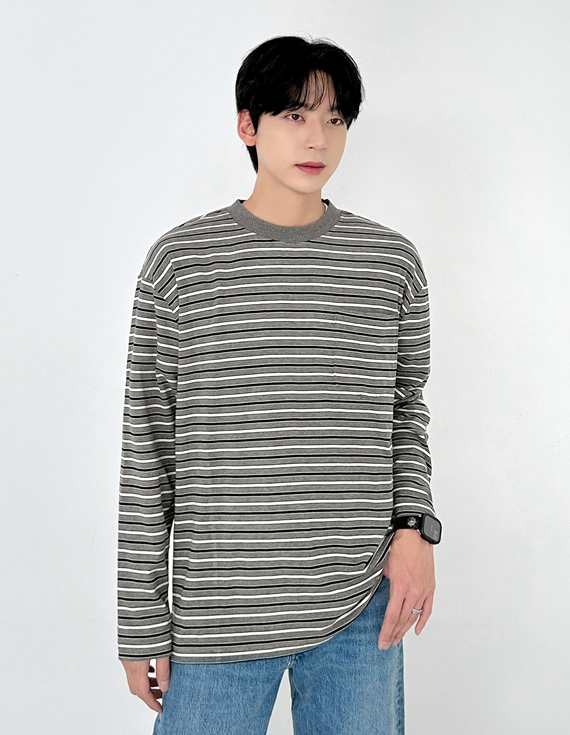 stripe pocket loose comfortable material Long Sleeve 31197