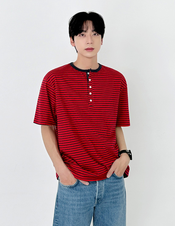 military stripe henley casual short sleeved T-shirt 31201