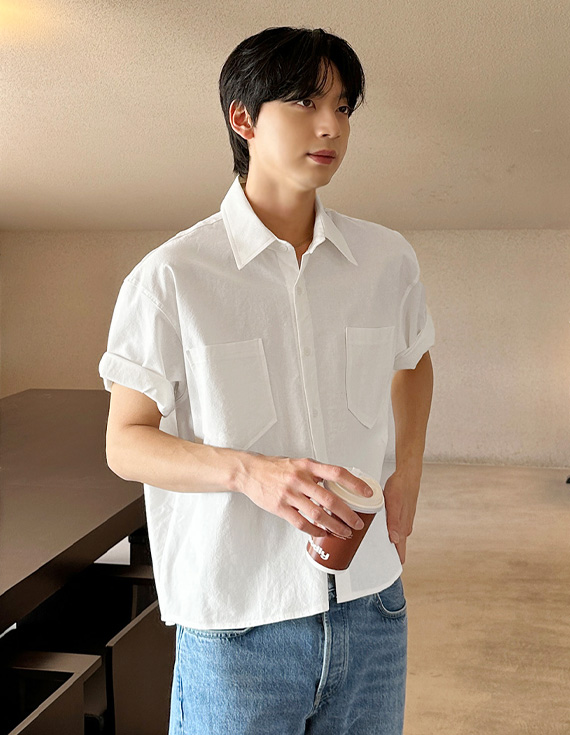 linen crop short cool short-sleeved shirt 31226