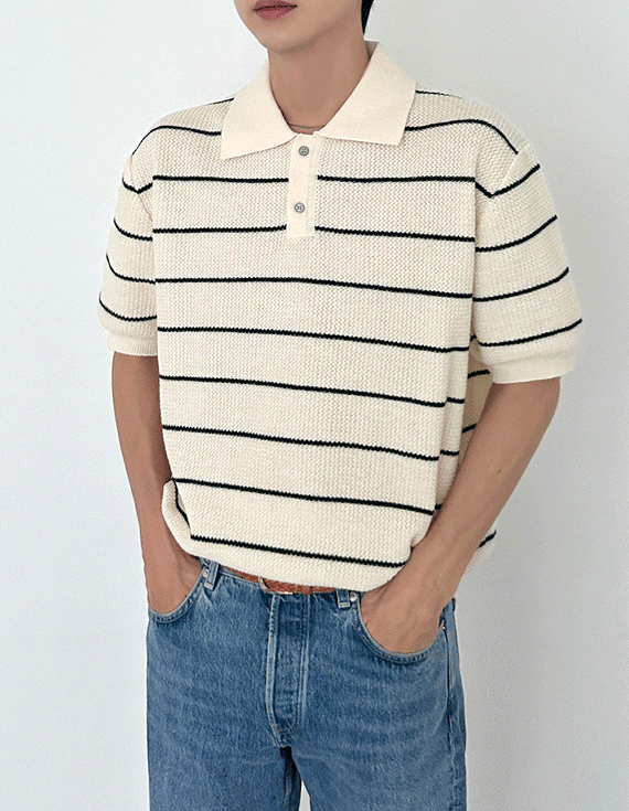 stripe collar relaxed Short-sleeve Knit 31260