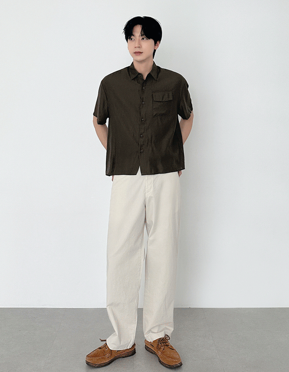 Peach stripe linen short-sleeve shirt 31289
