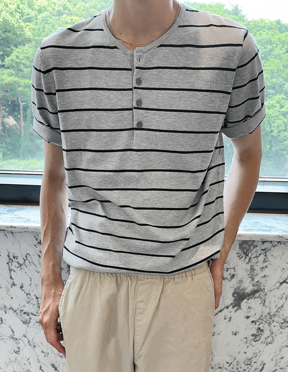 [매일입게되는👍]시그니처 Over fit Stripe 헨리넥 short sleeved T-shirt 31313