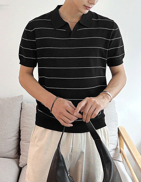 [줄무늬포인트,고급진실루엣] 마린 Stripe 오픈카라 Knit 71405
